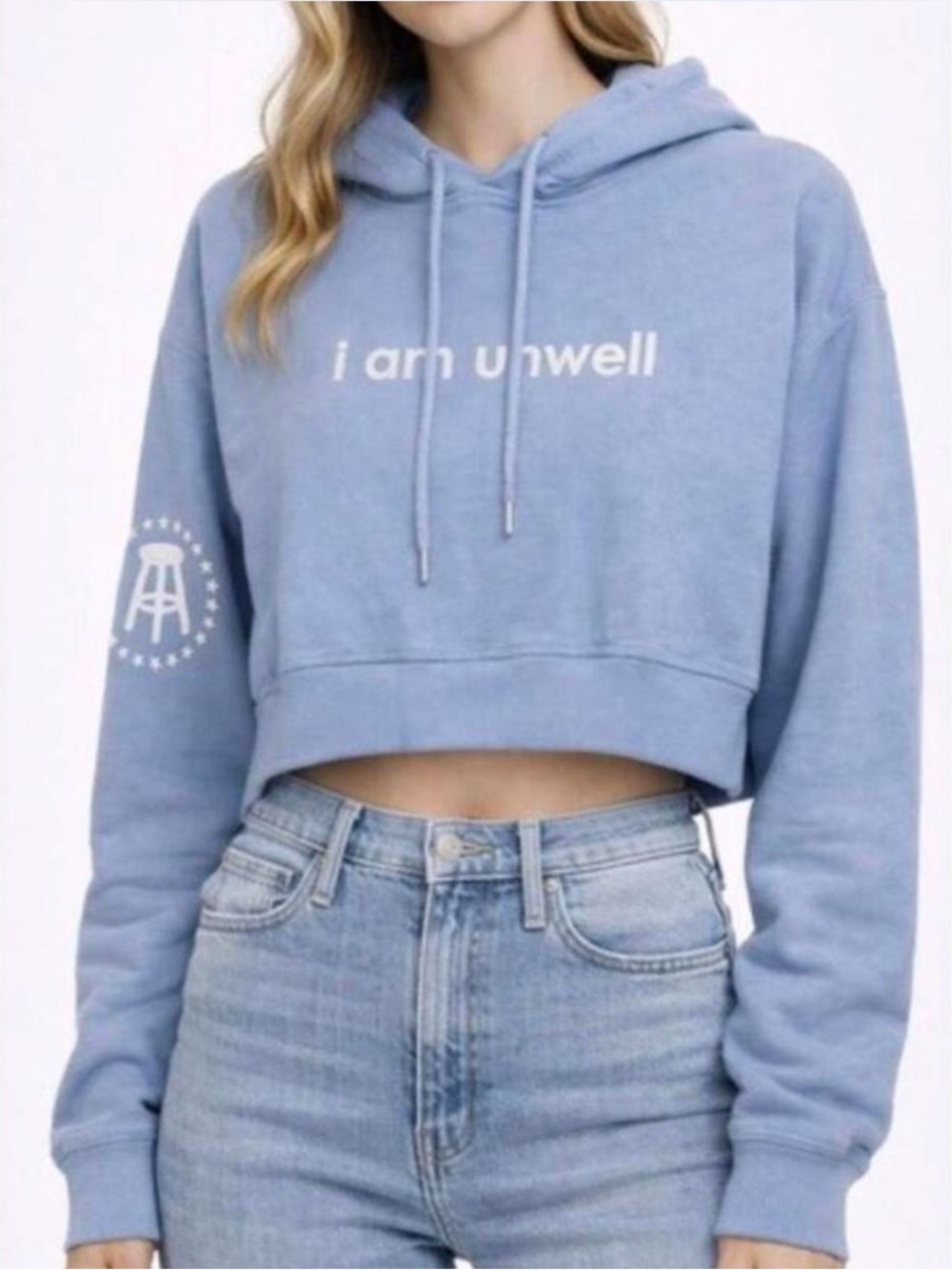 Official Barstool Call Her Daddy “I am unwell” Light Blue Cropped Hoodie | Med
